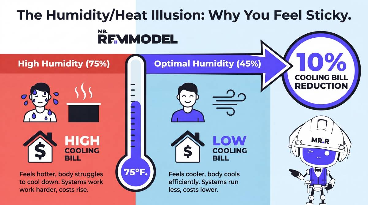 A simple, high-visibility infographic titled "The Humidity/Heat Illusion." It shows a thermometer reading 75°F but with two different "perceived comfort" zones. Zone 1 (red, muggy): 75°F with 75% humidity, labeled "Feels Like 80°F: High Cost." Zone 2 (blue, dry): 75°F with 45% humidity, labeled "Feels Like 72°F: High ROI." A large arrow points to the "10% Cooling Bill Reduction."